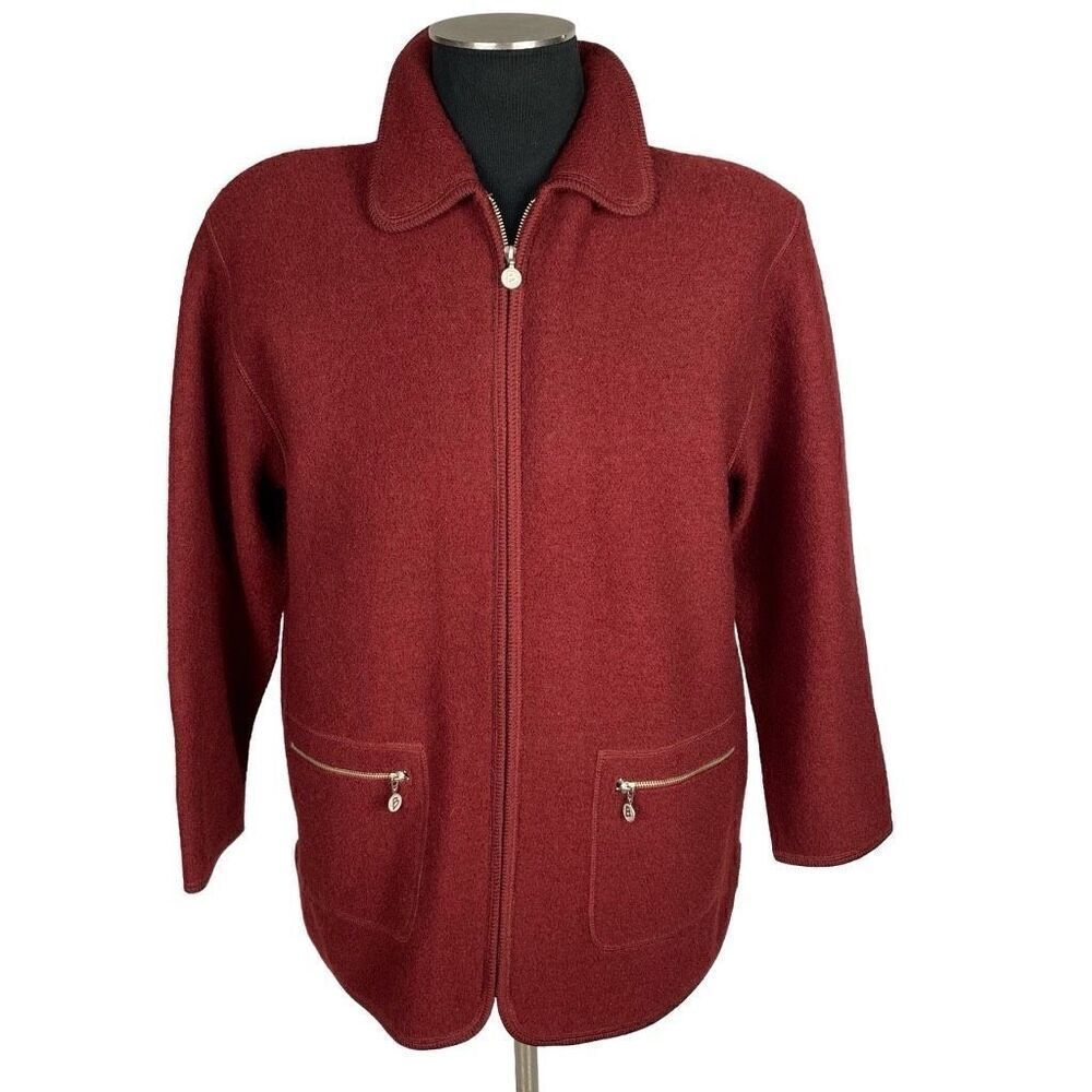 Vintage Bernardo 100% Wool Rust Red Full‎ Zip Knit Jacket - Mens M